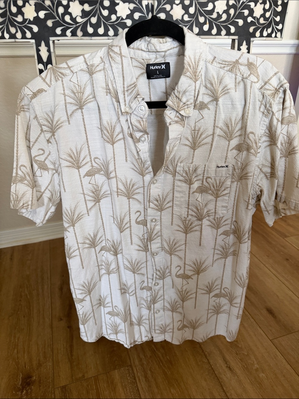 Hurley Beige Palm & Flamingo Short Sleeve Button-Down Shirt